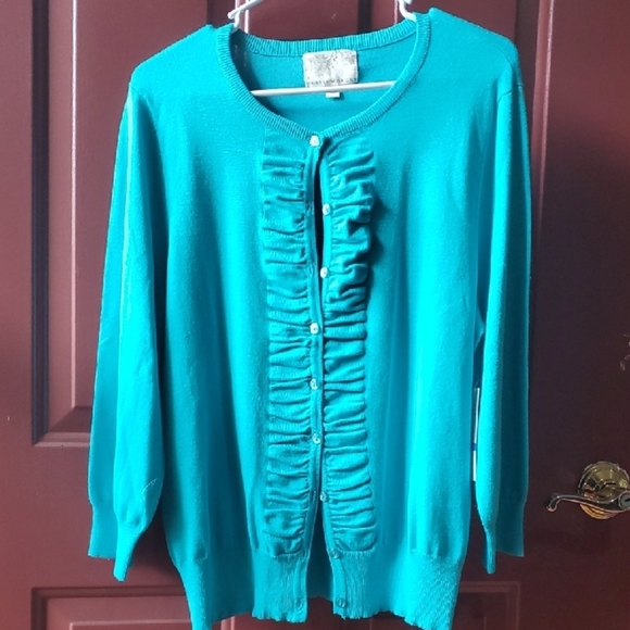 Debbie Morgan Teal Blue Ruffle Cardigan Sweater NWT XL - Picture 1 of 9